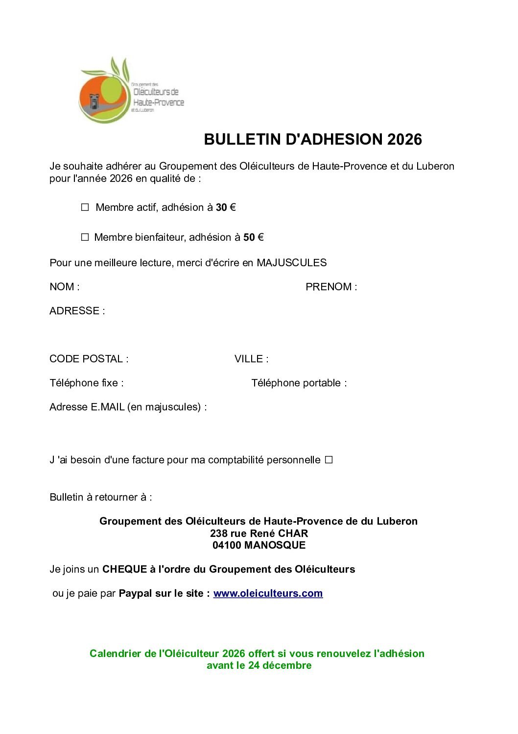 Bulletin d’adhésion 2026